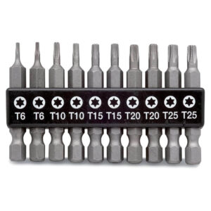 Bitssats Torx ETC Bitssats i 10 delar. Alla bitsen är tillverkade av kromvanadiumstål. Levereras med praktisk bitshållare. Innehåller torxbits: nr 6 (2 st), nr 10 (2 st), nr 15 (2 st), nr 20 (2 st) och nr 25 (2 st). 1/4" bitsfäste.