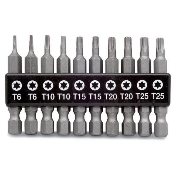 Bitssats Torx ETC Bitssats i 10 delar. Alla bitsen är tillverkade av kromvanadiumstål. Levereras med praktisk bitshållare. Innehåller torxbits: nr 6 (2 st), nr 10 (2 st), nr 15 (2 st), nr 20 (2 st) och nr 25 (2 st). 1/4" bitsfäste.